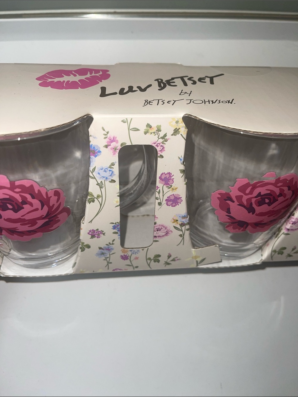 Betsey Johnson Clear Glass Tumblers with Pink Rose Motif